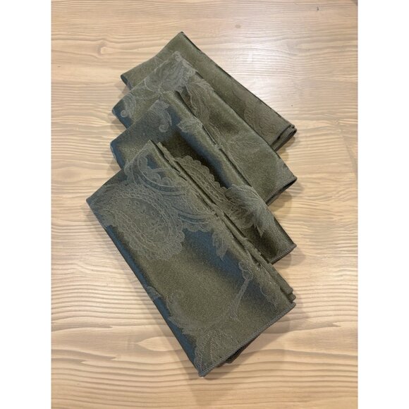 Set - 4 Olive Green Paisley Polyester Napkins Monochromatic Mediterranean Color - Picture 1 of 5